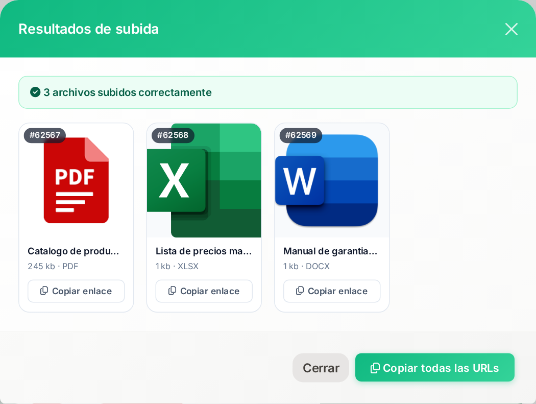 Ventana de resultados con tres documentos subidos correctamente