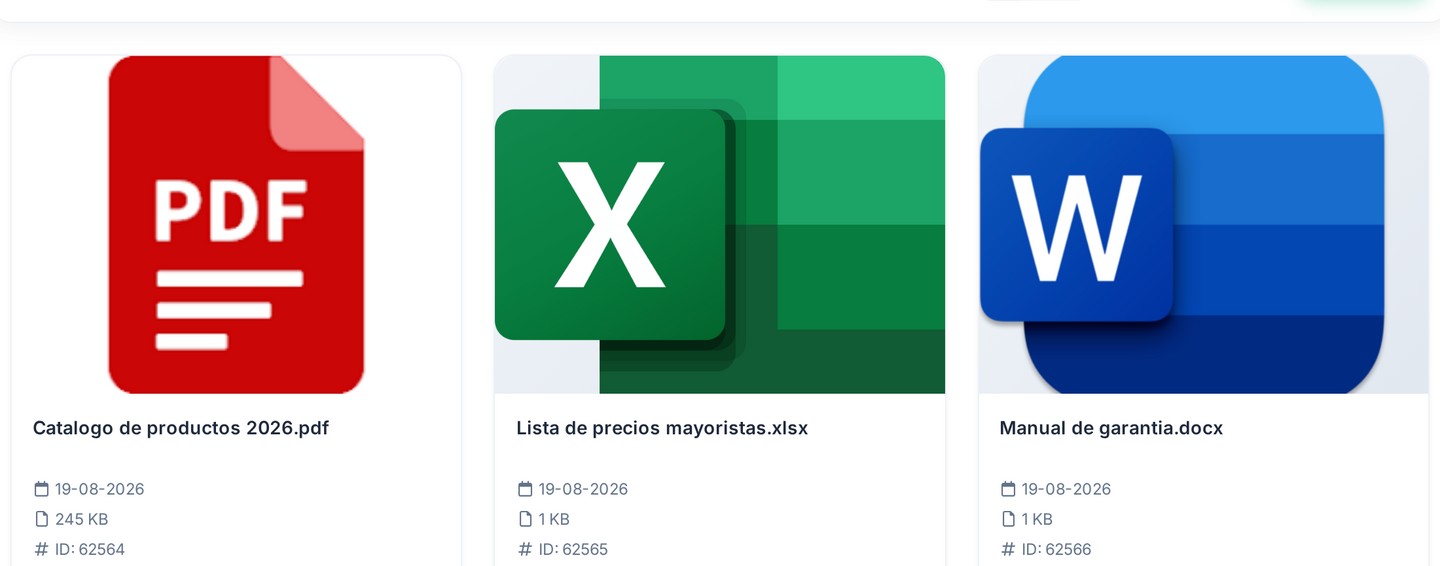 Tarjetas de un PDF, un Excel y un Word en el almacén