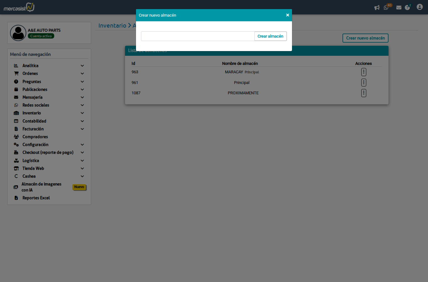 Modal crear almacen