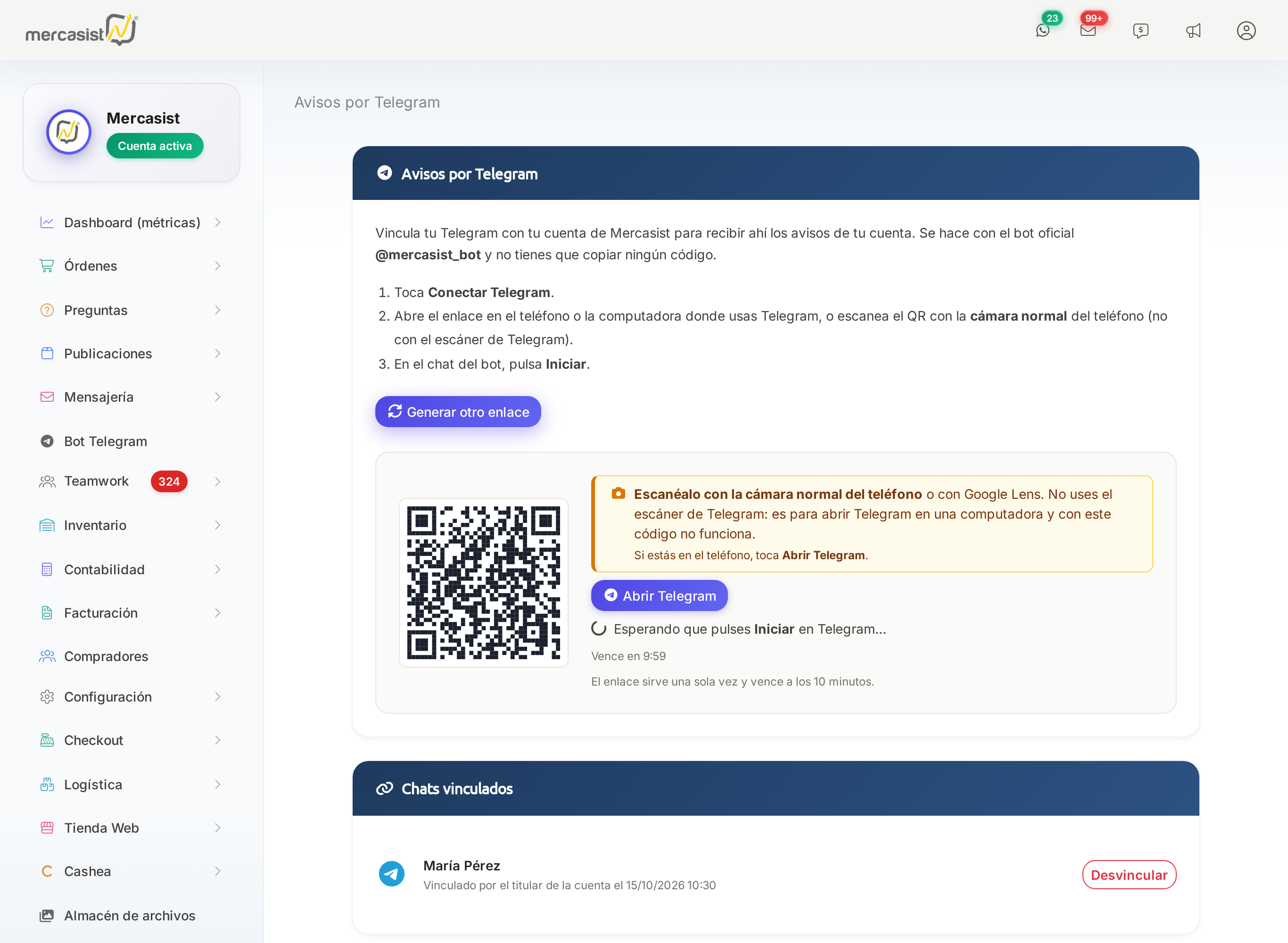 Pantalla Bot Telegram con el QR para conectar