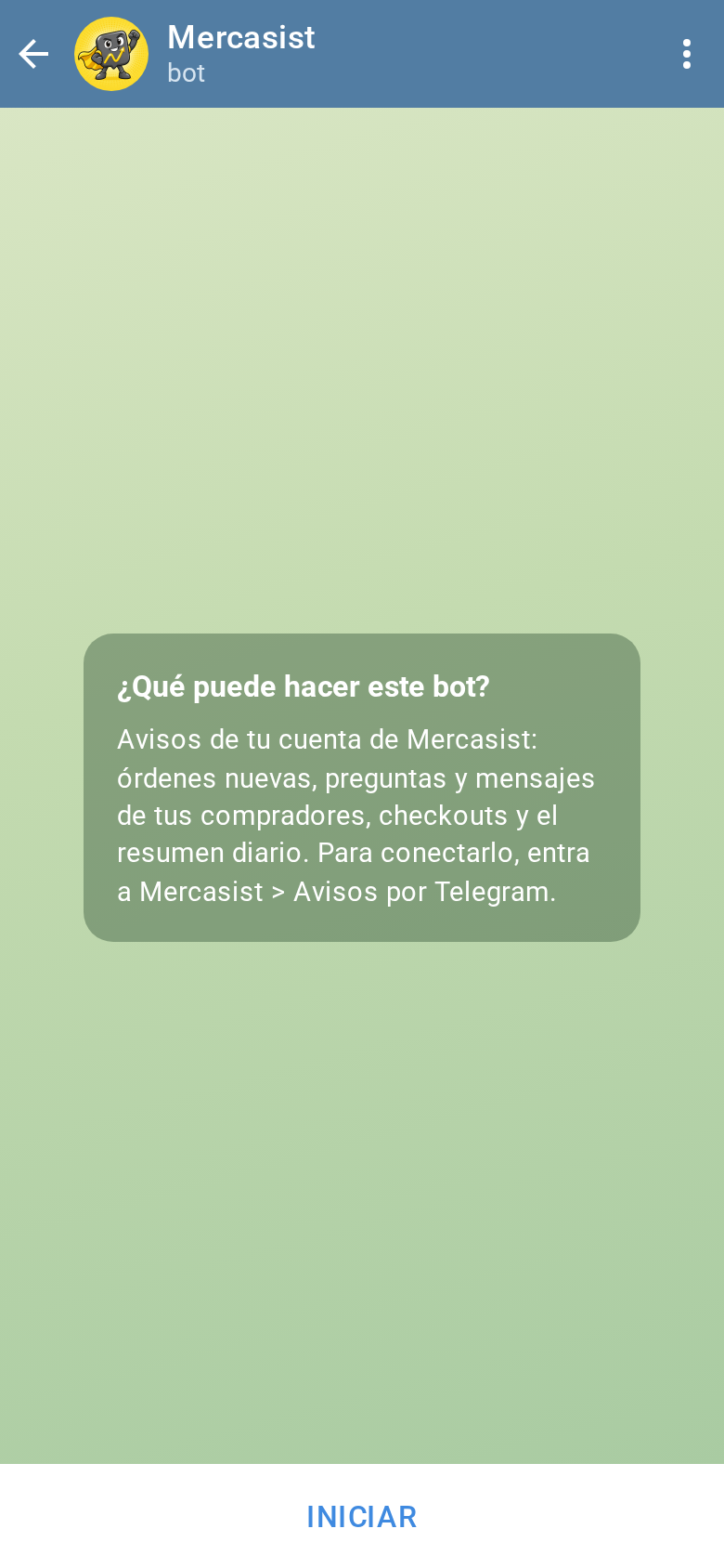 Chat del bot con el botón Iniciar