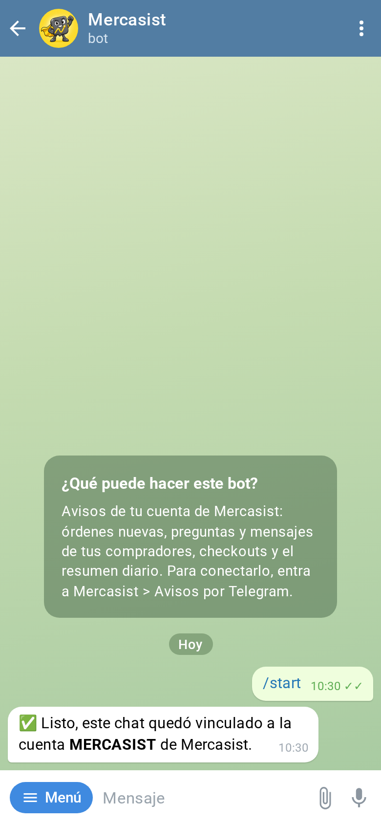 El bot confirma que el chat quedó vinculado