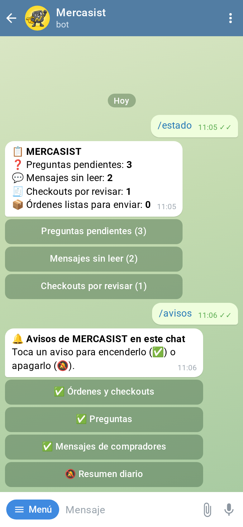 Respuestas de los comandos estado y avisos