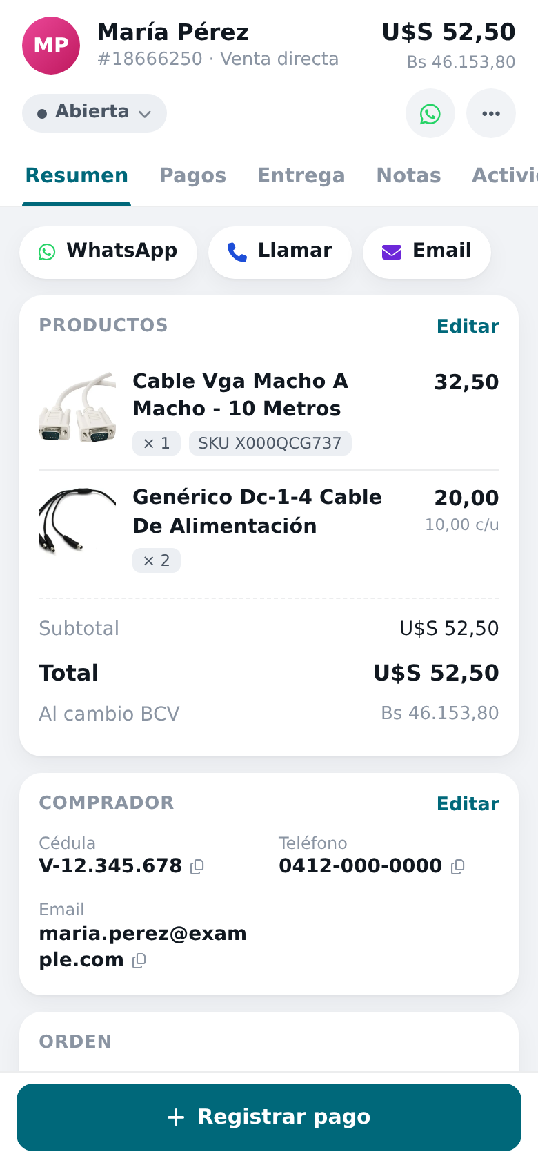 Pantalla de una orden con sus pestañas