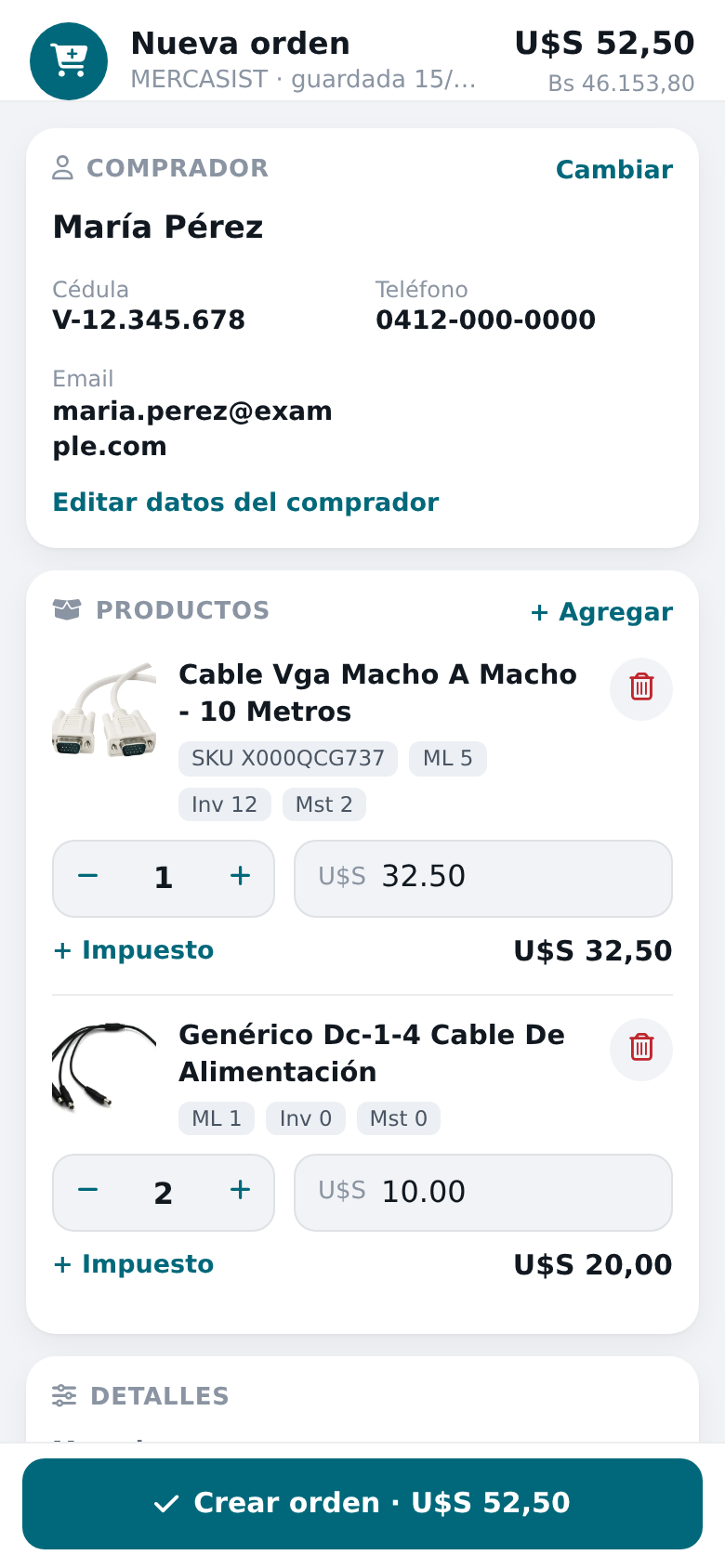 Pantalla para crear una orden