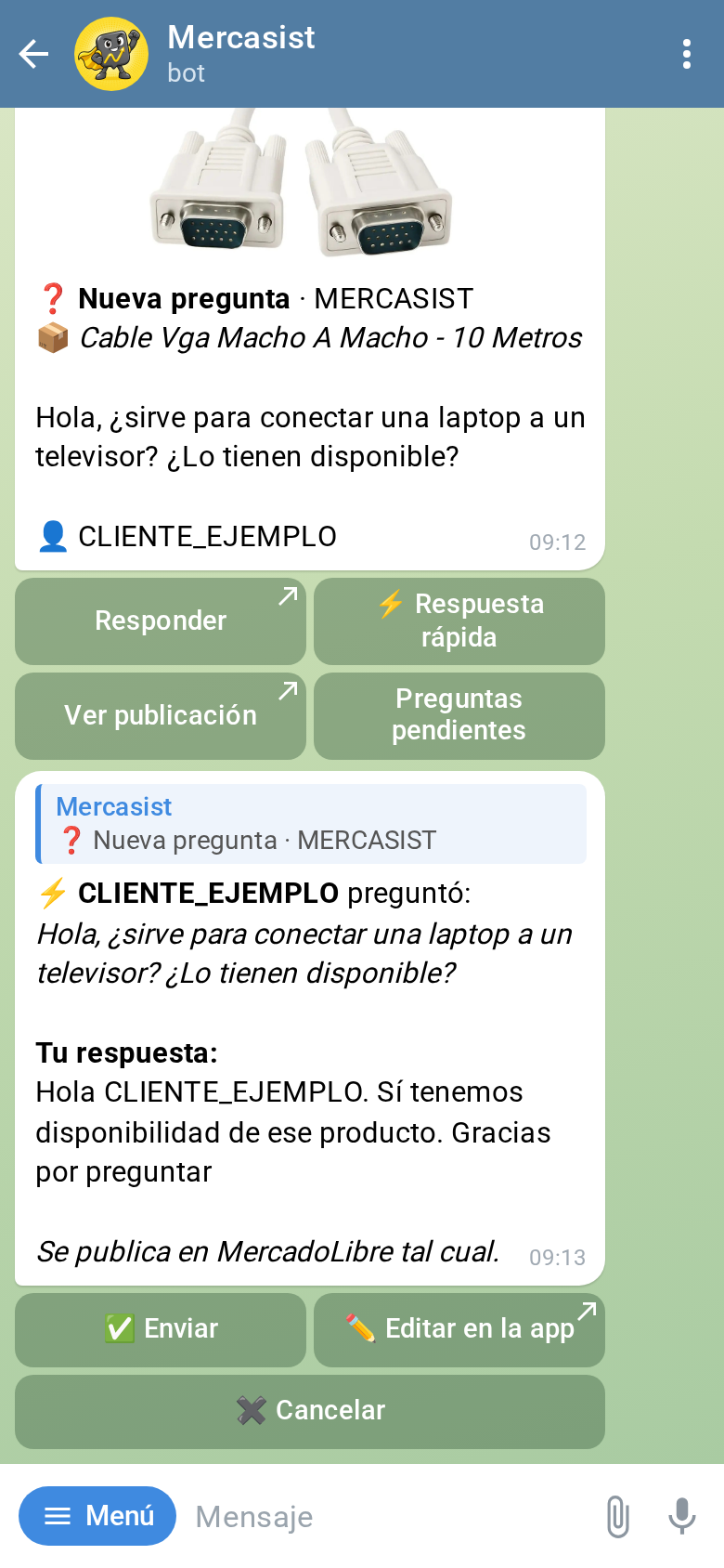 Vista previa de la respuesta con los botones Enviar, Editar en la app y Cancelar