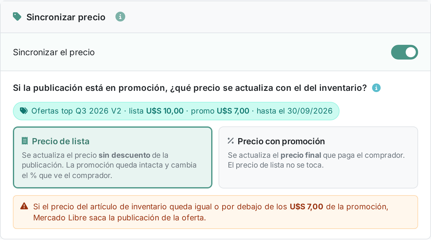 Panel actual con la elección entre precio de lista y precio con promoción