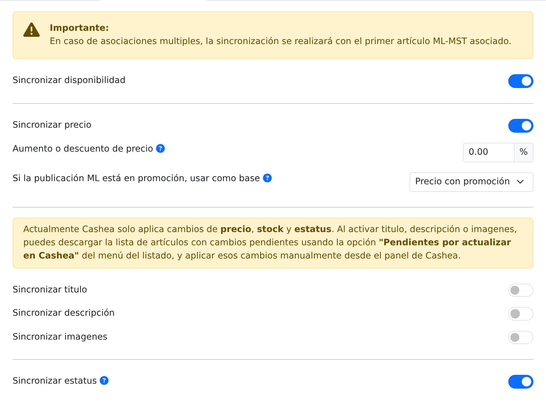 Panel de sincronización de Cashea anterior