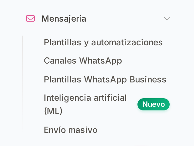 Men&uacute; lateral: Mensajer&iacute;a, opci&oacute;n Canales WhatsApp