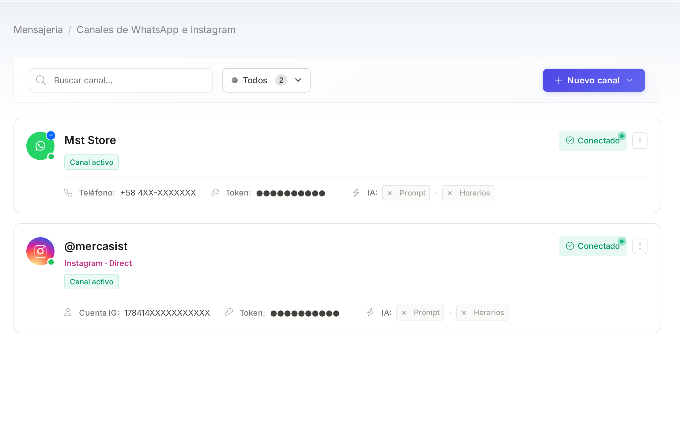 Pantalla Canales de WhatsApp e Instagram