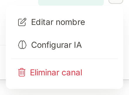 Opciones del canal: Editar nombre, Configurar IA, Eliminar canal