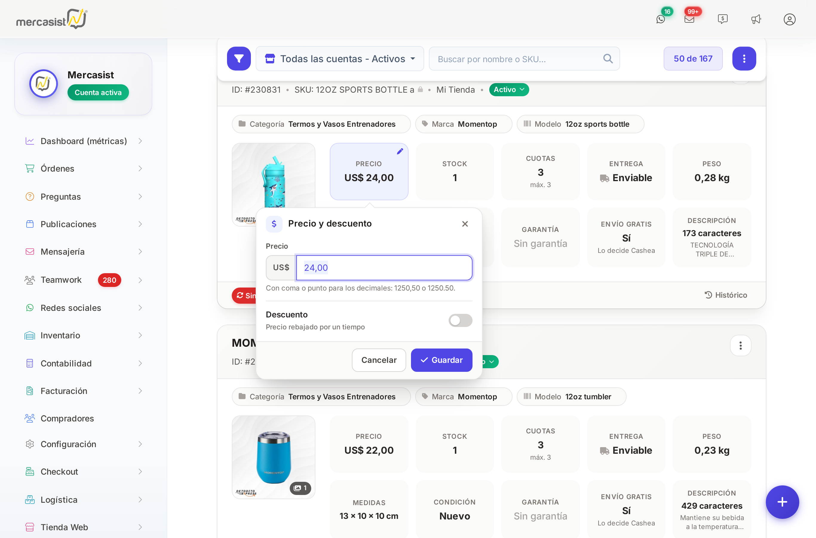 Recuadro de edición del precio y el descuento