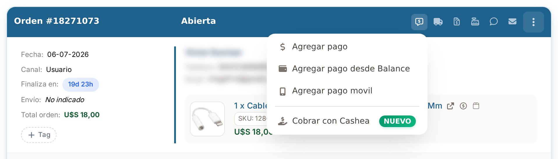 Menú de pagos con la opción Cobrar con Cashea