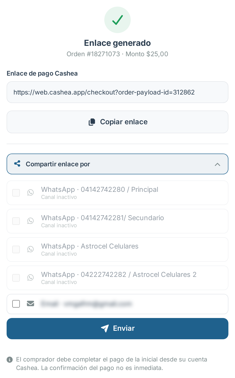 Opciones para compartir el enlace por canal