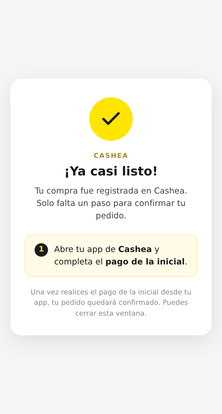 Pantalla de confirmación para el comprador