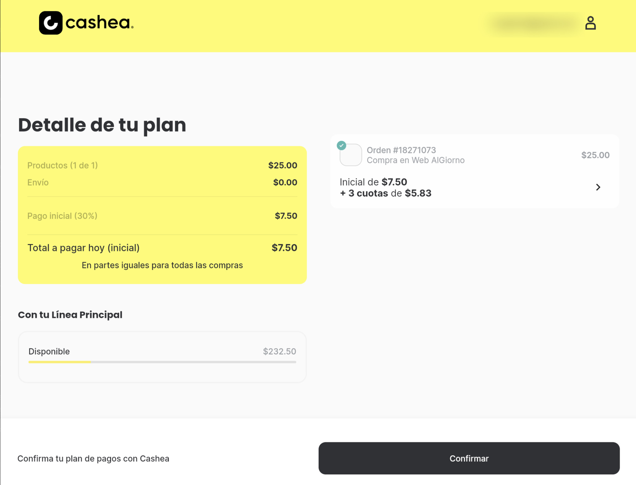 Detalle del plan de pago en Cashea
