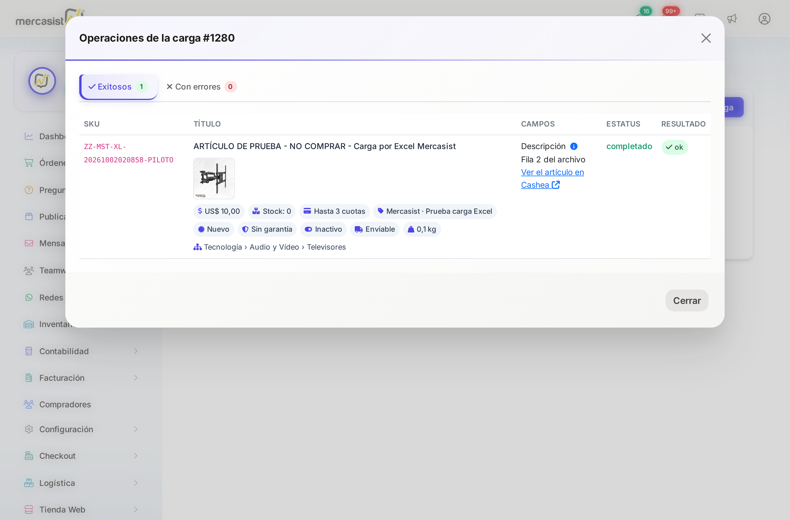 Detalle de las operaciones de una carga de creación
