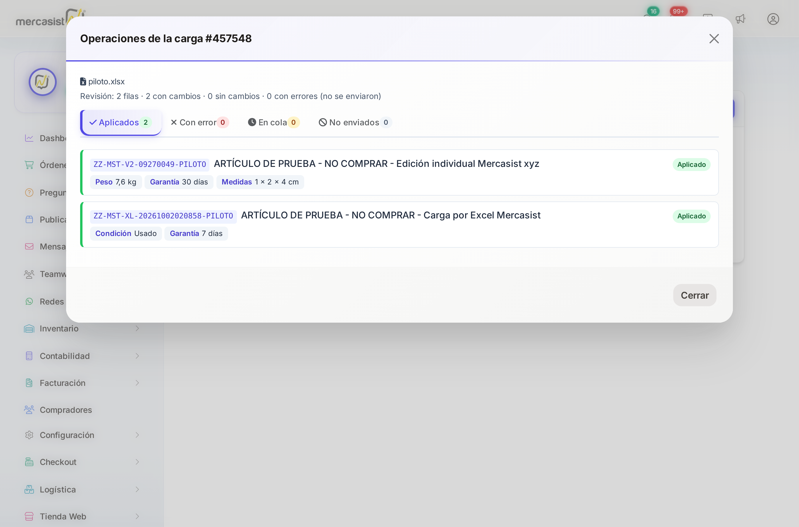 Detalle de las operaciones de una carga