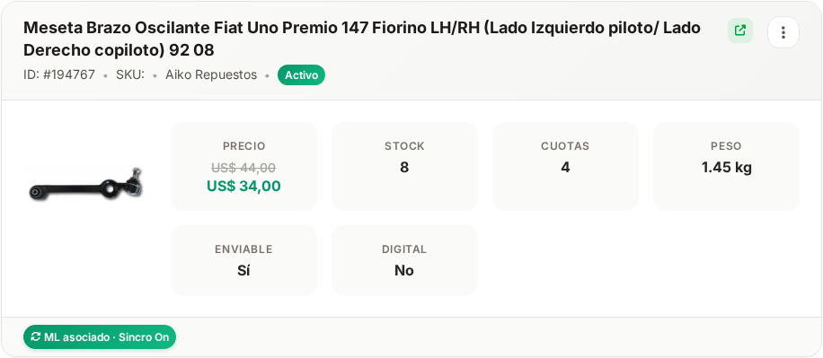 Badge de MercadoLibre en la tarjeta del artículo