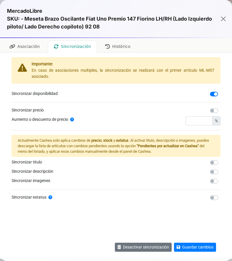 Pestaña Sincronización del panel MercadoLibre