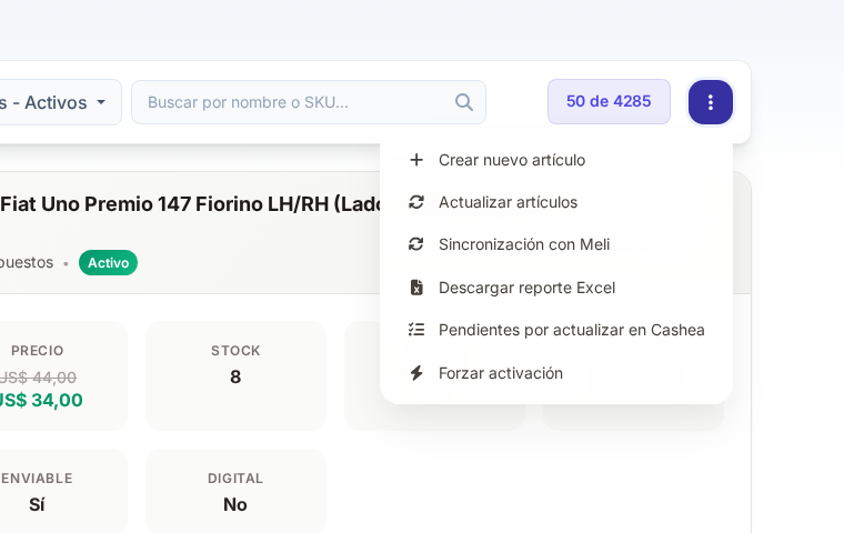 Menú de acciones del listado