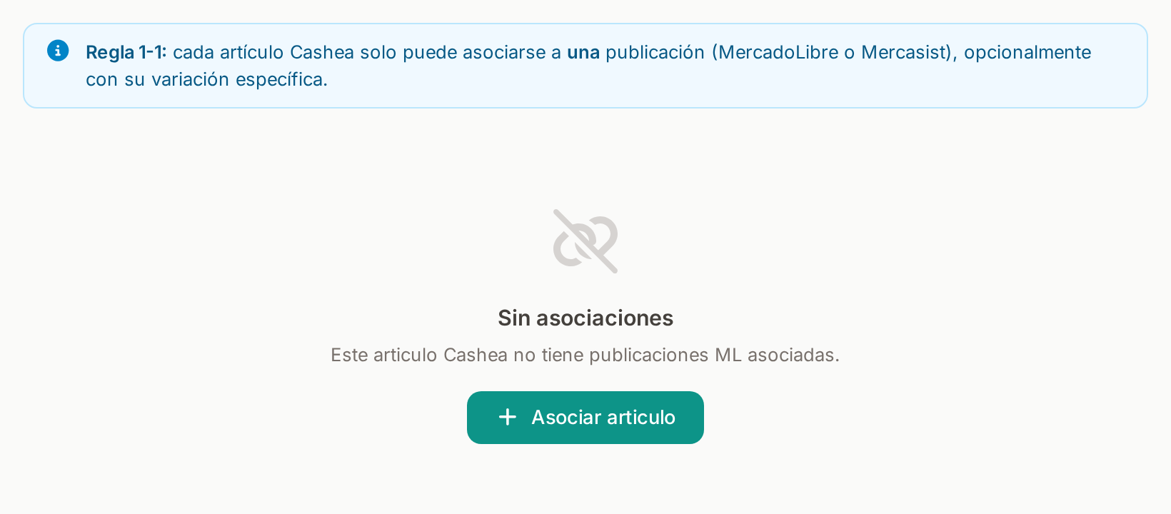 Pestaña Asociación de un artículo sin publicación asociada