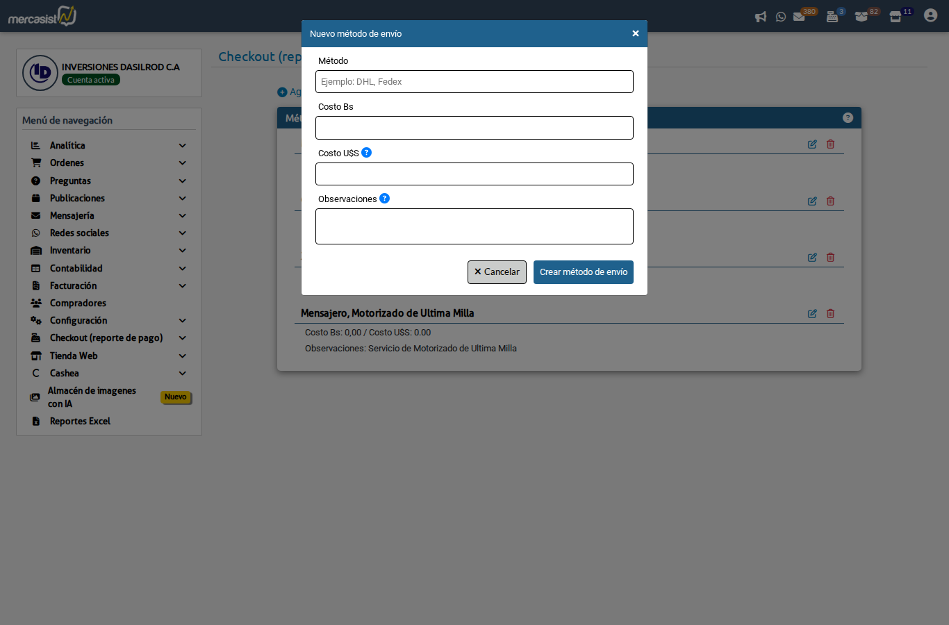 Modal para crear método de envío