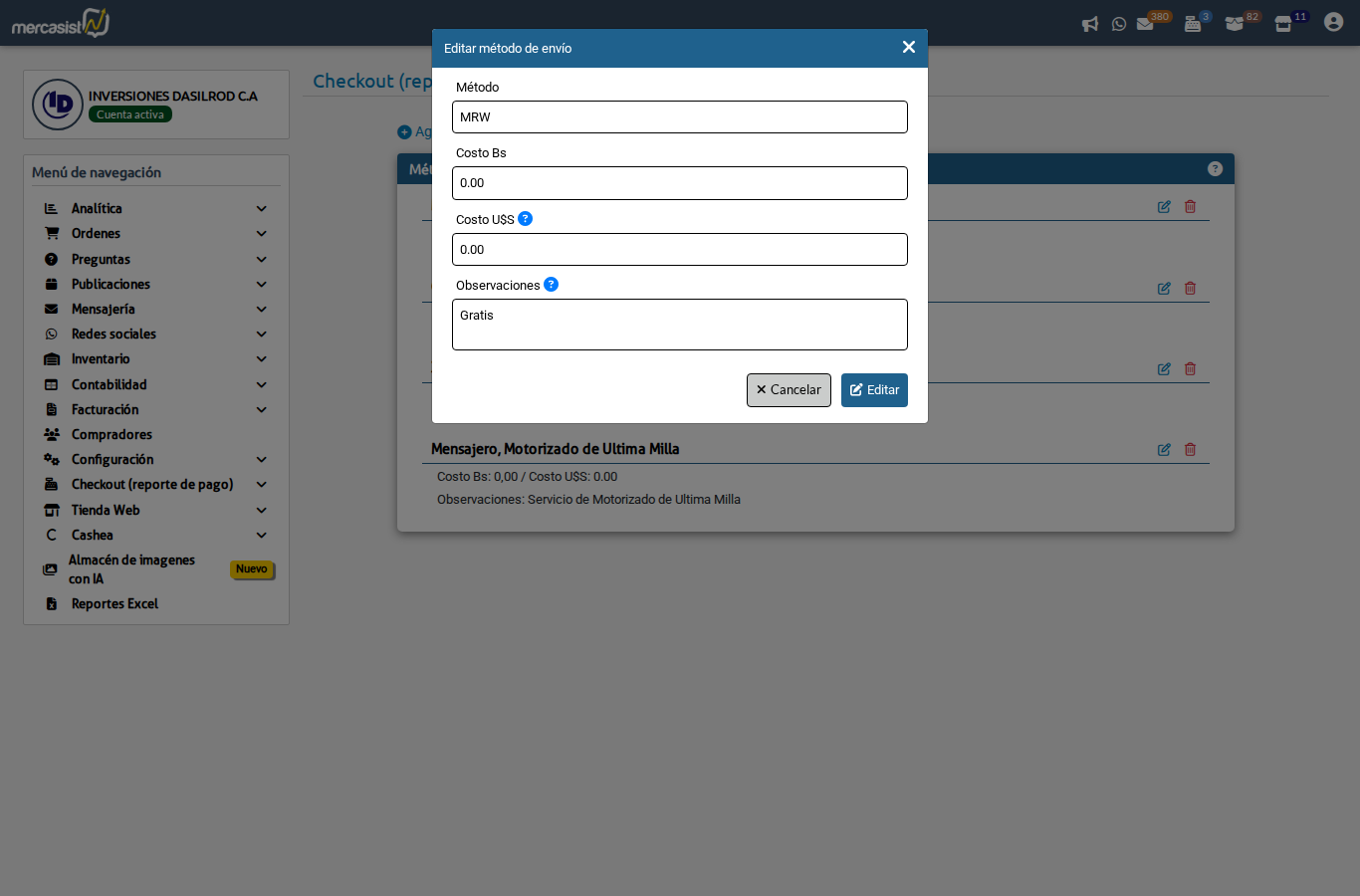 Modal para editar método de envío