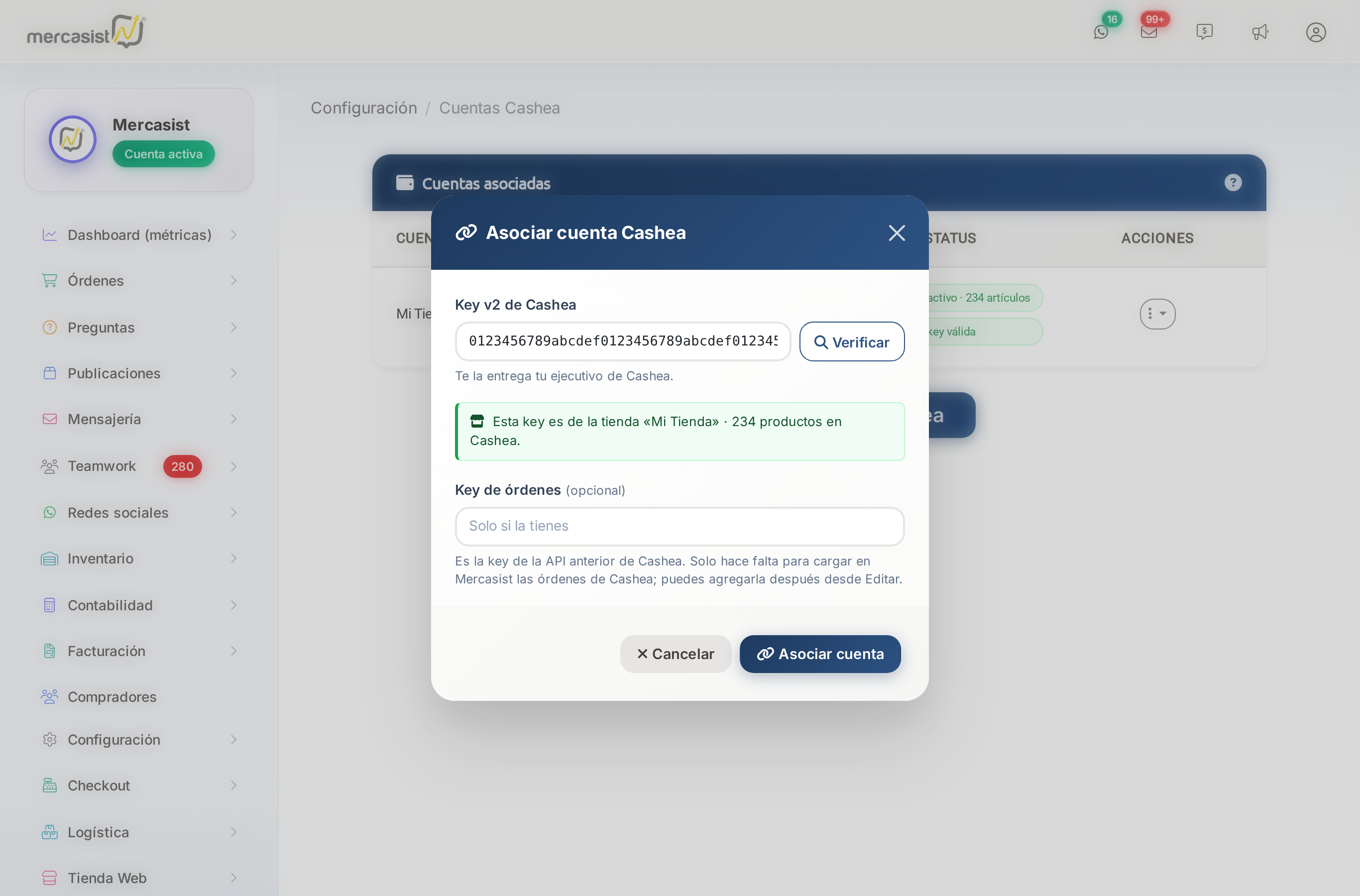Ventana Asociar cuenta Cashea con la key verificada