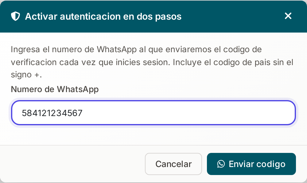 Ventana para ingresar el número de WhatsApp