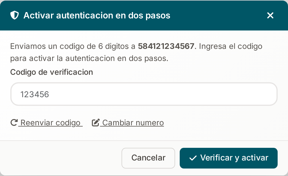 Ventana para ingresar el código de verificación
