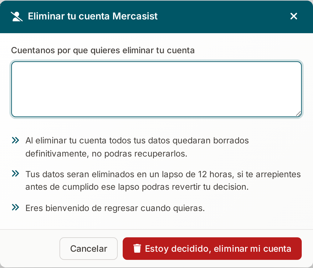 Ventana de confirmación de eliminación de cuenta