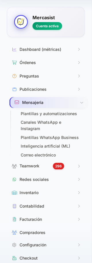 Menú lateral con la opción Canales WhatsApp e Instagram