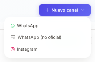 Menú Nuevo canal con las opciones WhatsApp, WhatsApp (no oficial) e Instagram
