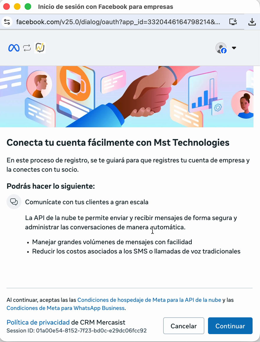 Pantalla de bienvenida de Meta para conectar la cuenta