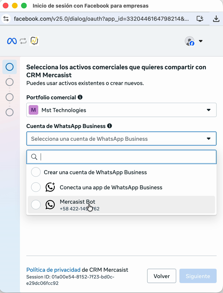 Selector con las cuentas de WhatsApp Business del usuario