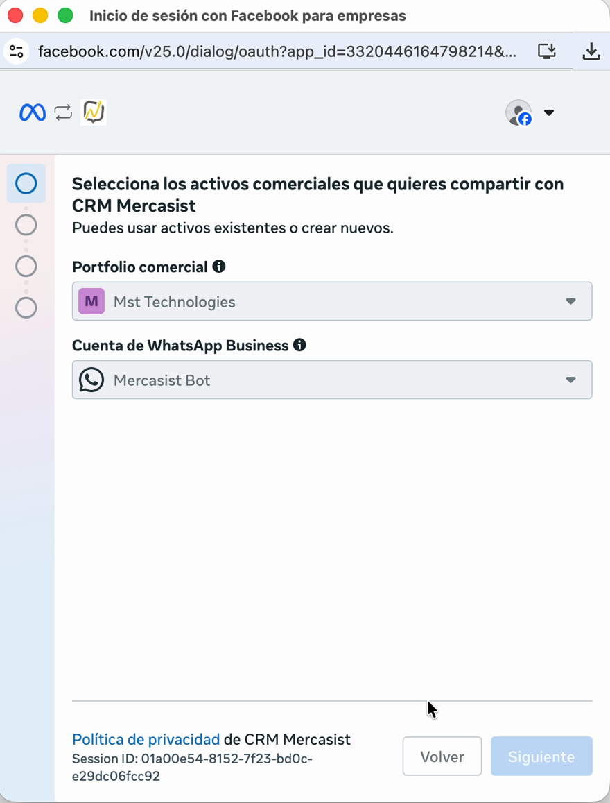 Cuenta de WhatsApp Business ya seleccionada
