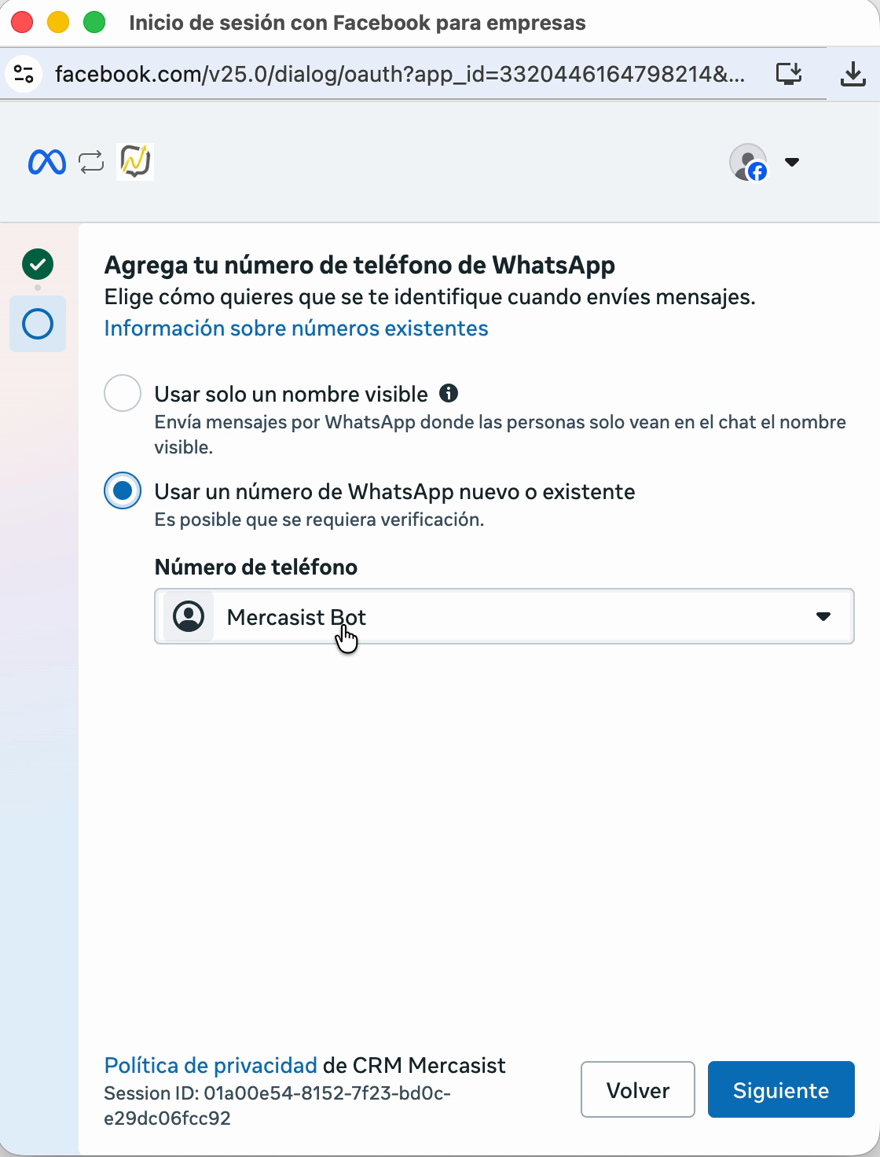Número de teléfono seleccionado