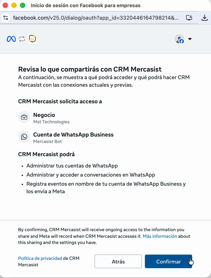 Resumen de permisos que solicita CRM Mercasist