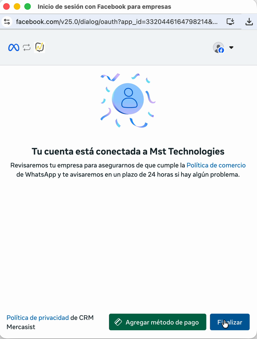Confirmación de Meta: la cuenta está conectada