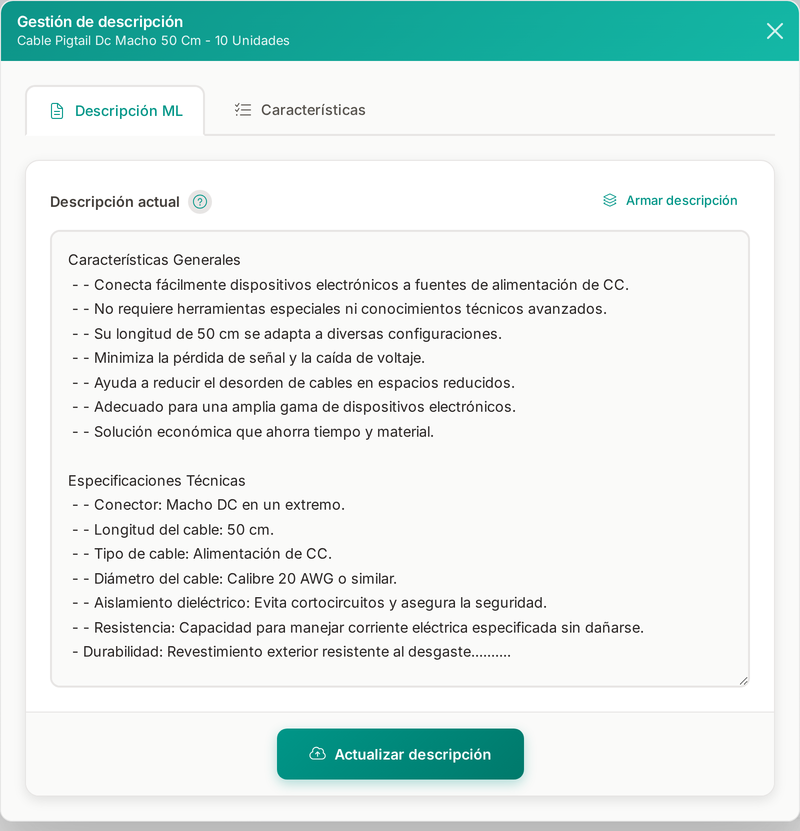 Pestaña Descripción ML con la descripción actual, el botón Armar descripción y el botón Actualizar descripción