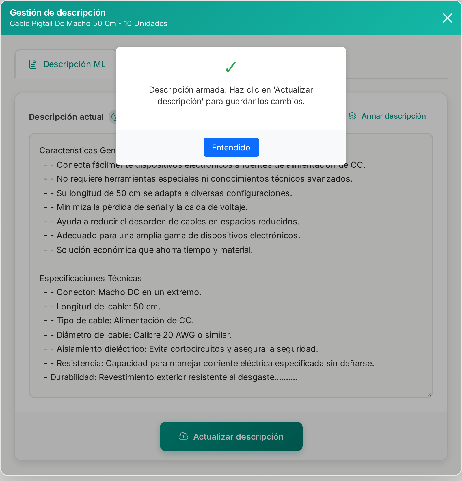 Aviso tras armar la descripción indicando que hay que hacer clic en Actualizar descripción