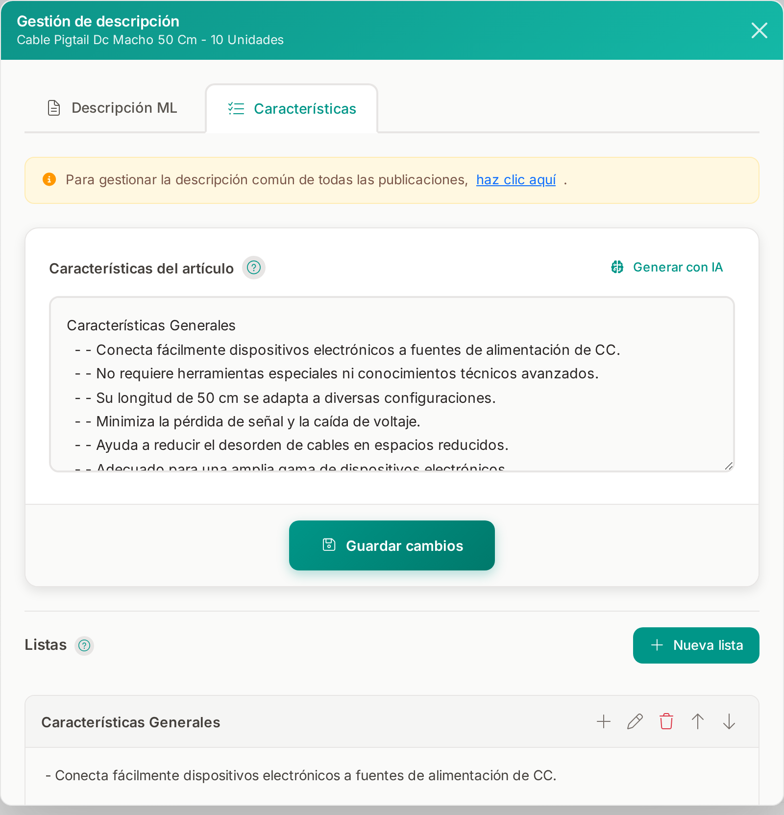 Pestaña Características con el cuadro de texto, el botón Generar con IA y la sección de listas