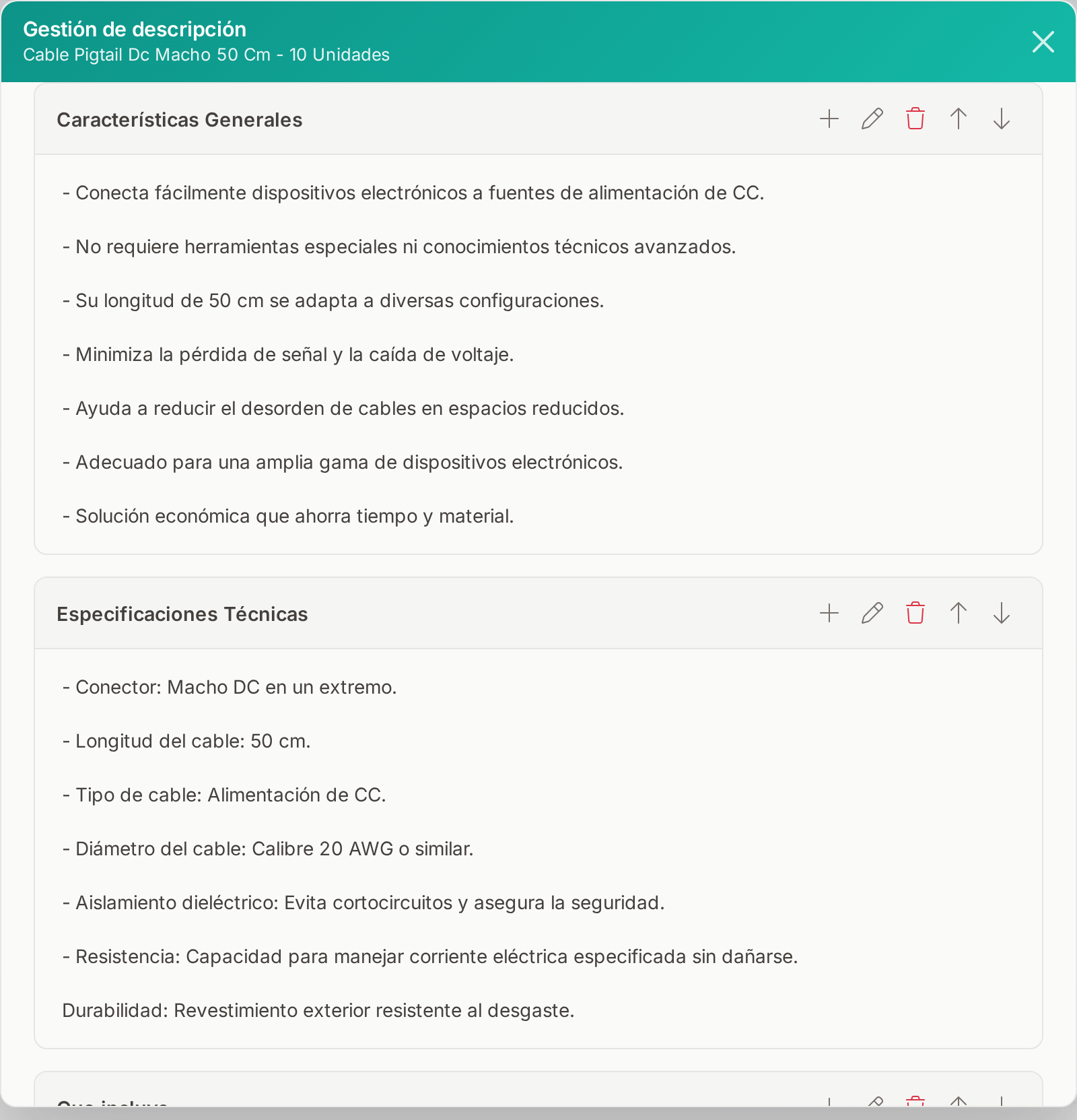 Listas de la publicación con sus elementos y los controles para agregar, editar, eliminar y reordenar