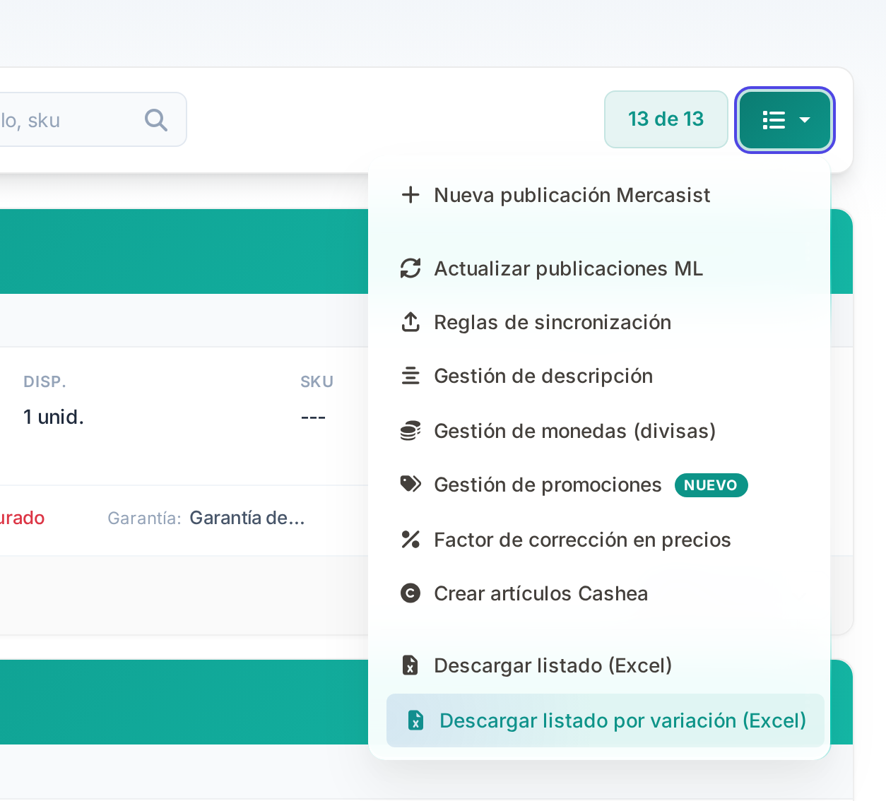 Menú de opciones del módulo de Publicaciones con la opción Gestión de descripción