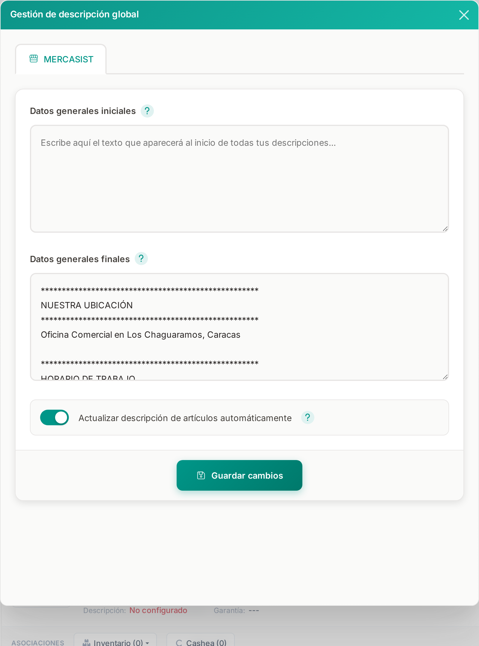 Gestión de descripción global con los datos generales iniciales, finales y el interruptor de actualización automática