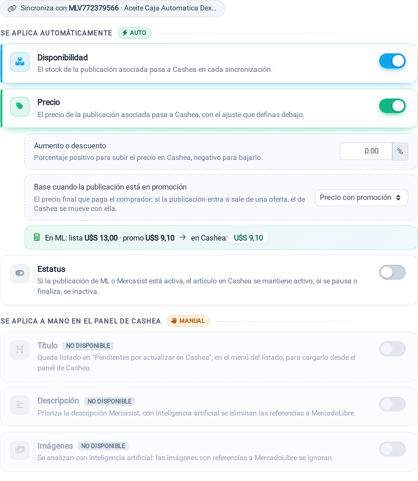 Panel de sincronizacion de un articulo Cashea con MercadoLibre