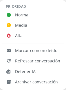Menú de la conversación con la opción Detener IA