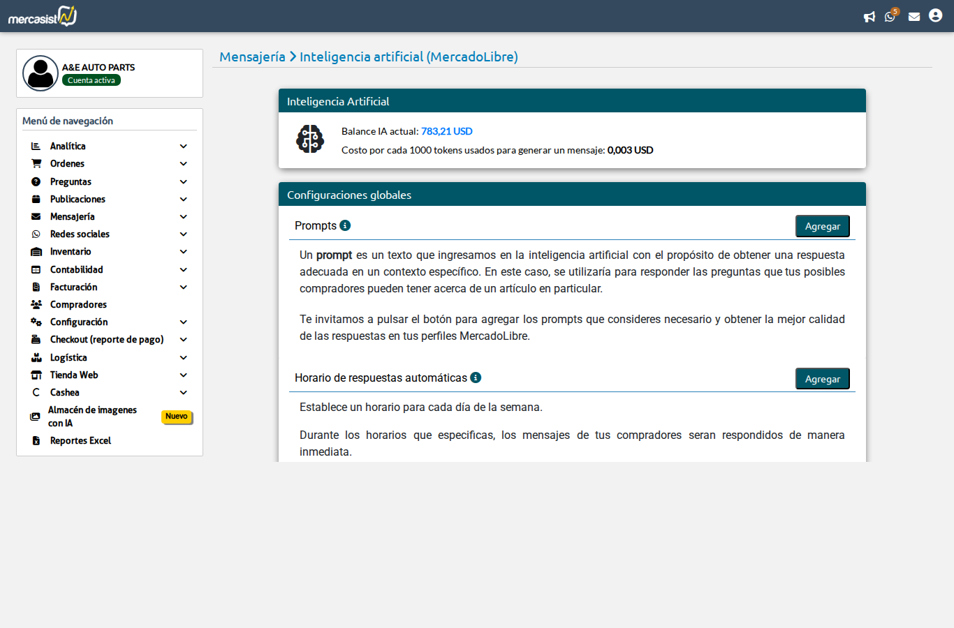 Dashboard de IA para Mensajeria ML