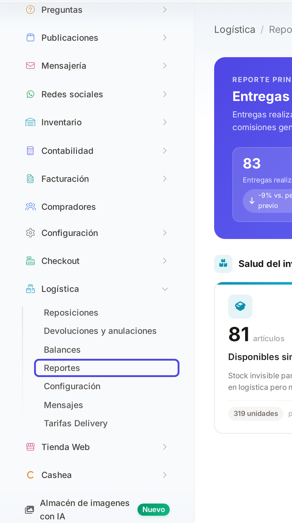 Menú lateral con la opción Logística - Reportes resaltada